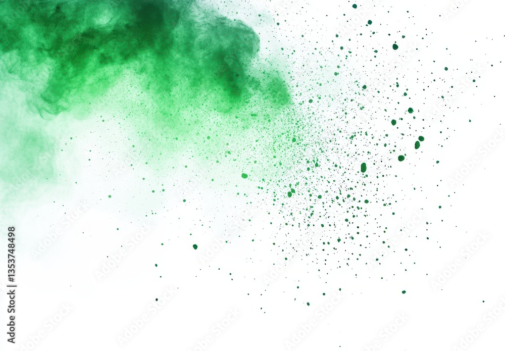 Poster green smoke explosion with splashes on white background for creative design and visual projects in a