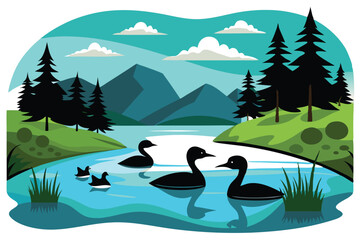 loon swimming near lake shore by tall grasses vector