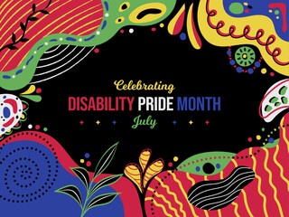 Celebrating Disability Pride Month Memphis Background. July Awareness Abstract Texture poster. Horizontal banner vector illustration. Website header, social media post, greeting card graphic resource	