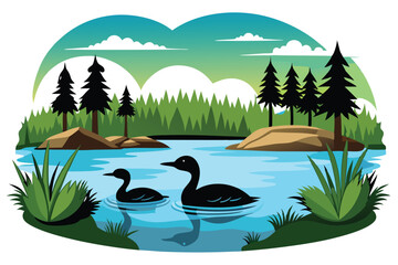 loon swimming near lake shore by tall grasses vector