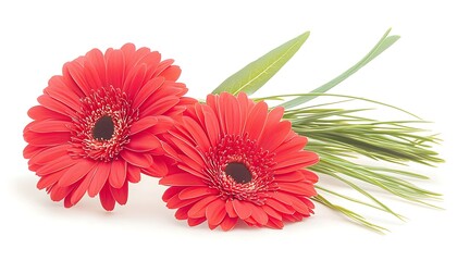 Red Gerbera Daisies for Green Grass, White Background.
