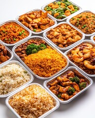 A vibrant assortment of delicious Asian cuisine in takeout containers arranged neatly