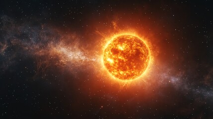 Fototapeta premium Bright Fiery Sun Glowing in Cosmic Space with Starry Background