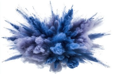 Powerful Blue and Gray Powder Explosion Against White Background, Creating a Dramatic and Dynamic Visual Effect