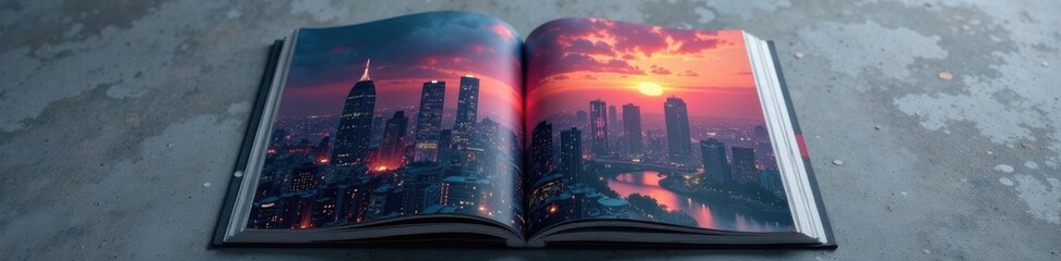 A magazine cover on a grey mockup with a mysterious cityscape at dusk , cityscape, atmosphere