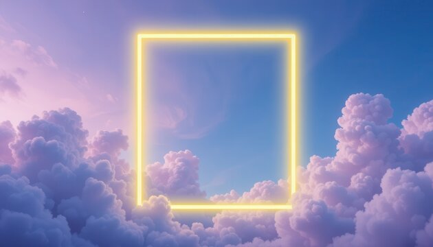 Abstract Sky Design Neon Yellow Frame in Lavender and Blue Cloudscape