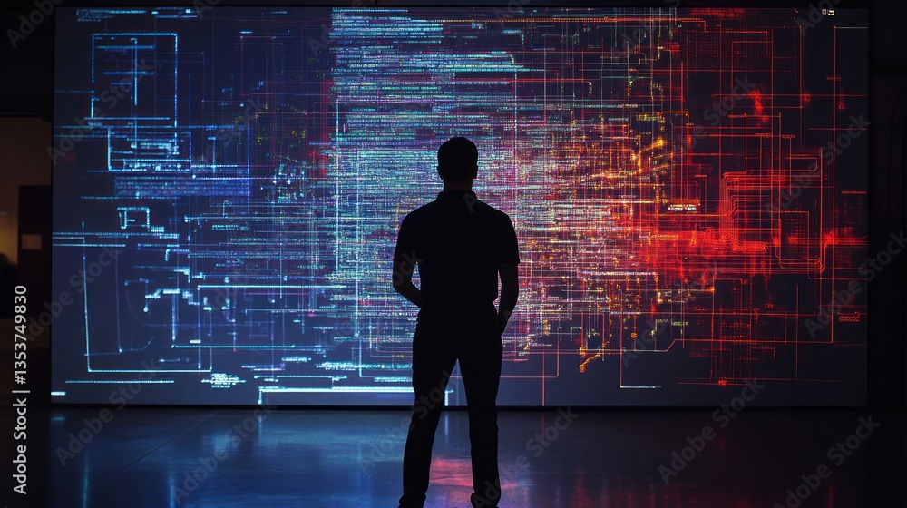Poster silhouette contemplating complex data display, abstract code and futuristic vision