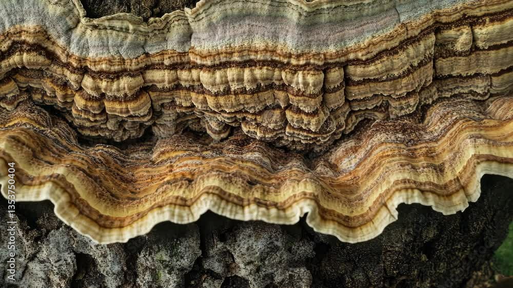 Poster striking layers of a polypore mushroom growing on an old tree trunk in a forest during daylight hour