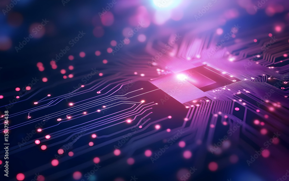 Poster a close-up view of a microchip with intricate circuits and vibrant colors, showcasing the beauty of 