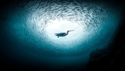 Cormorant Hunting for Ocean Depth, Fish Swarm.