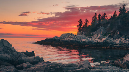 Coastal sunset reflecting on calm water rocky shoreline