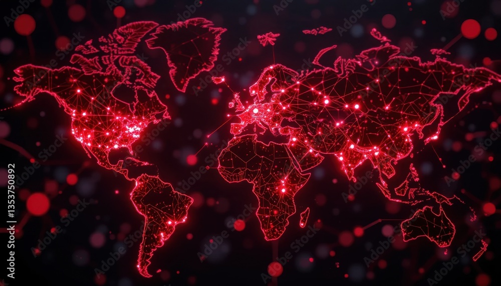 Poster abstract red and black world map global network connections visualization