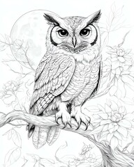 Obraz premium A detailed illustration of an owl perched on a branch, surrounded by delicate flowers and a moonlit backdrop.