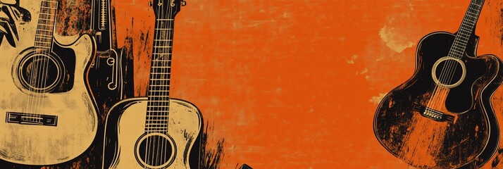 Hand drawn country music banner featuring vintage guitars on orange backdrop