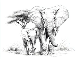 A detailed sketch of a majestic elephant with its young, showcasing the beauty of wildlife and nature's gentle giants.
