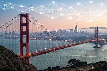 Fototapeta premium Golden Gate Bridge With City Skyline Under Network Connections Generative AI
