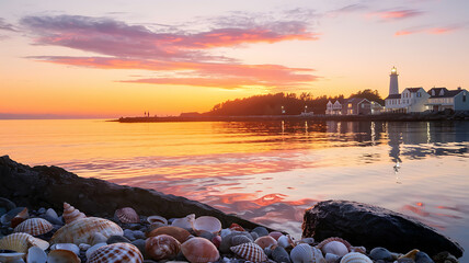 Coastal sunset lighthouse seashells calm water tranquil scene