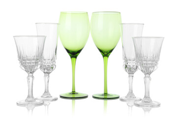 Many empty clean glasses isolated on white