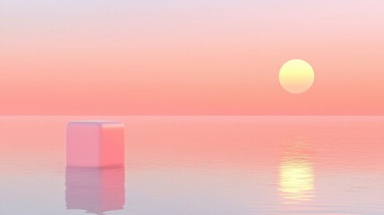 A pink cube floats in a calm body of water, reflecting the warm glow of the setting sun.