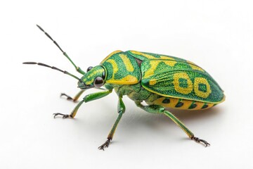 Naklejka premium Colorful Green and Yellow Insect on a White Surface Generative AI