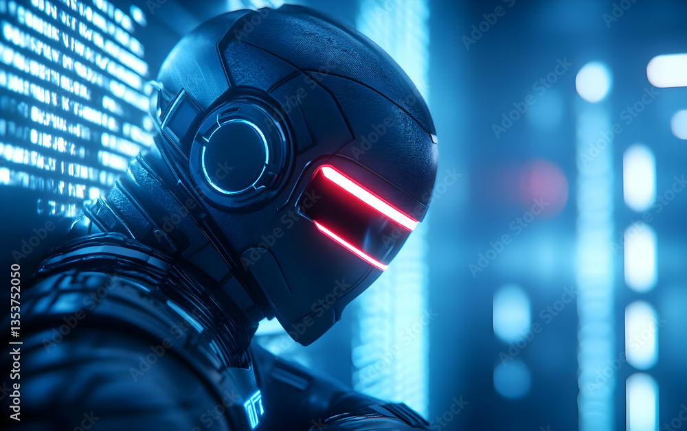 Poster a futuristic robotic figure with glowing red accents in a high-tech environment, symbolizing advance