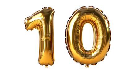 The golden foil 10 balloon in the shape isolated on white background