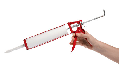 Woman with glue gun on white background, closeup