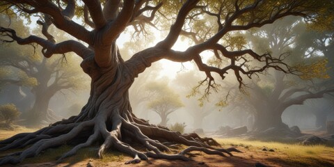 Ancient tree with gnarled branches and leaves, natural, decayed