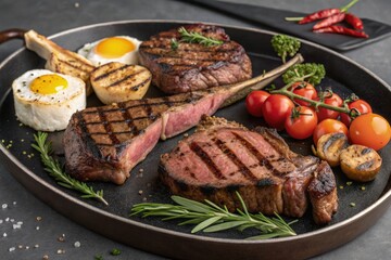 Grilled Meats and Vegetables Served on a Dark Platter Generative AI