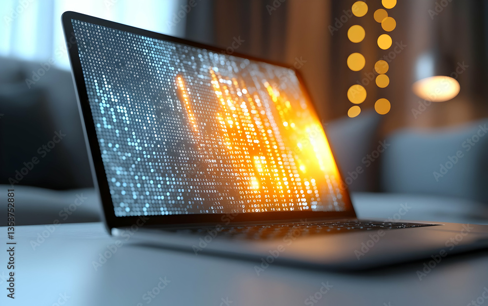 Poster a modern laptop displaying vibrant data graphics against a softly lit background, ideal for digital 