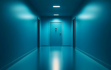 A modern, atmospheric corridor showcasing blue walls and a mysterious door at the end, evoking intrigue and curiosity.