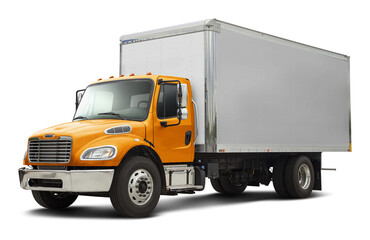 Modern american delivery truck with chrome elements with white van and yellow cabin. Front side view isolated on white background.