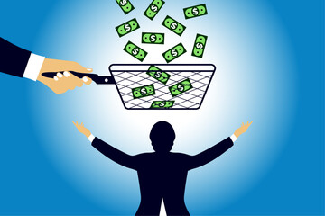 Businessmen can not catch the raining banknotes for third party or middleman manipulation fraud scam concept cash money is not coming due to obstacles, man miss the raining banknote stock illustration