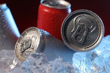 Obraz premium Refreshing drinks in cans on ice cubes against dark red background, closeup