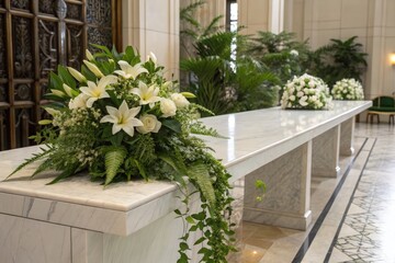Obraz premium Elegant Floral Arrangement on Marble Table in Memorial Hall Generative AI