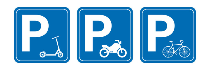 Set of blue parking lots signs. Letter - P, collection of parking symbols. Motorbike, bicycle and scooter parking signs isolated on white background.