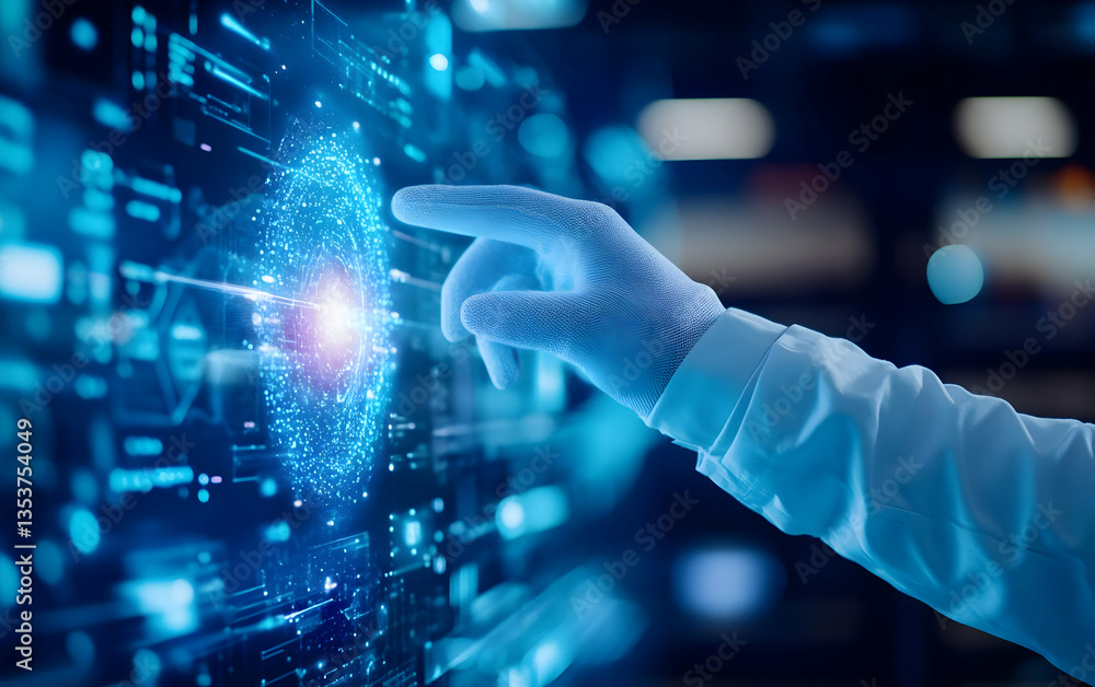 Poster a scientist interacts with a digital interface, showcasing the fusion of human intelligence and adva