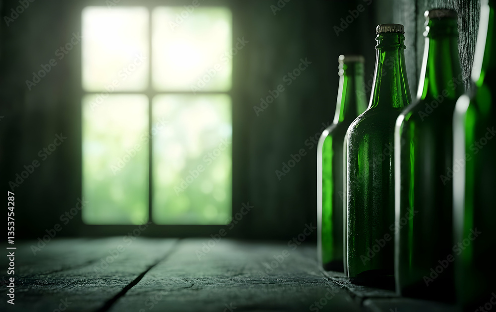 Poster a serene setting featuring green glass bottles lined up against a softly illuminated window, evoking