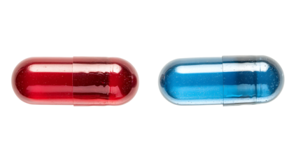 Two red and blue capsule shaped pills isolated on white background