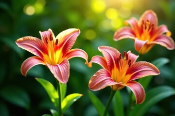 Fototapeta premium Vibrant lilies in full bloom, lush green foliage, plant, white