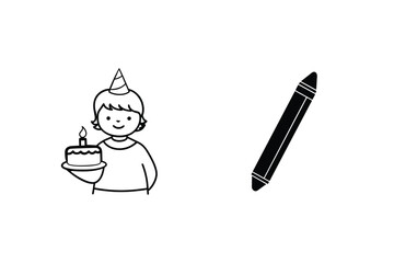 Birthday Boy Celebrates with Cake, Crayon, Party Hat, Simple Drawing