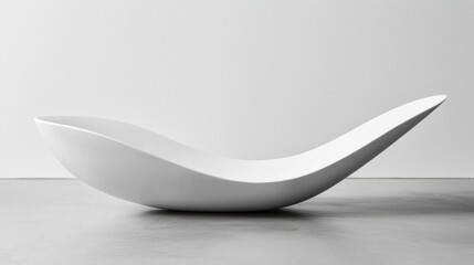 A white, modern-looking bowl with a curved shape sits on a gray floor.