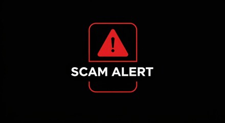 Scam alert warning sign with exclamation mark on black background