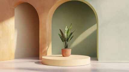 Minimalist archway display with potted plant