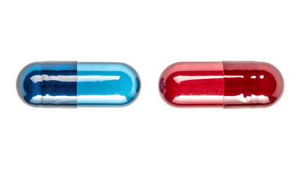 Two red and blue capsule shaped pills isolated on white background