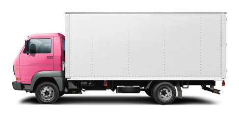 Classic European delivery truck with white van and pink cabin. Side view isolated on white...