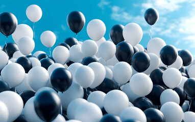 A vibrant collection of black and white balloons against a clear blue sky, symbolizing celebration and joy.