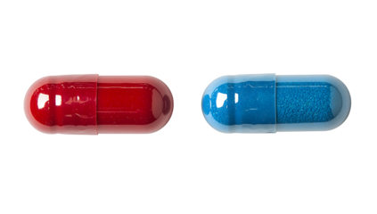 Two red and blue capsule shaped pills isolated on white background