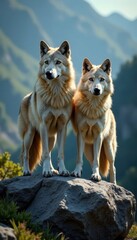  Pair Wolves Standing Rocky