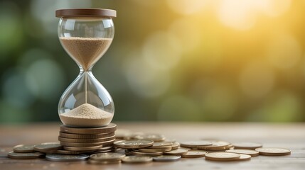 A modern sand hourglass placed on top of a stack of coins, symbolizing the passage of time and financial investment. This image represents the importance of patience, saving.
